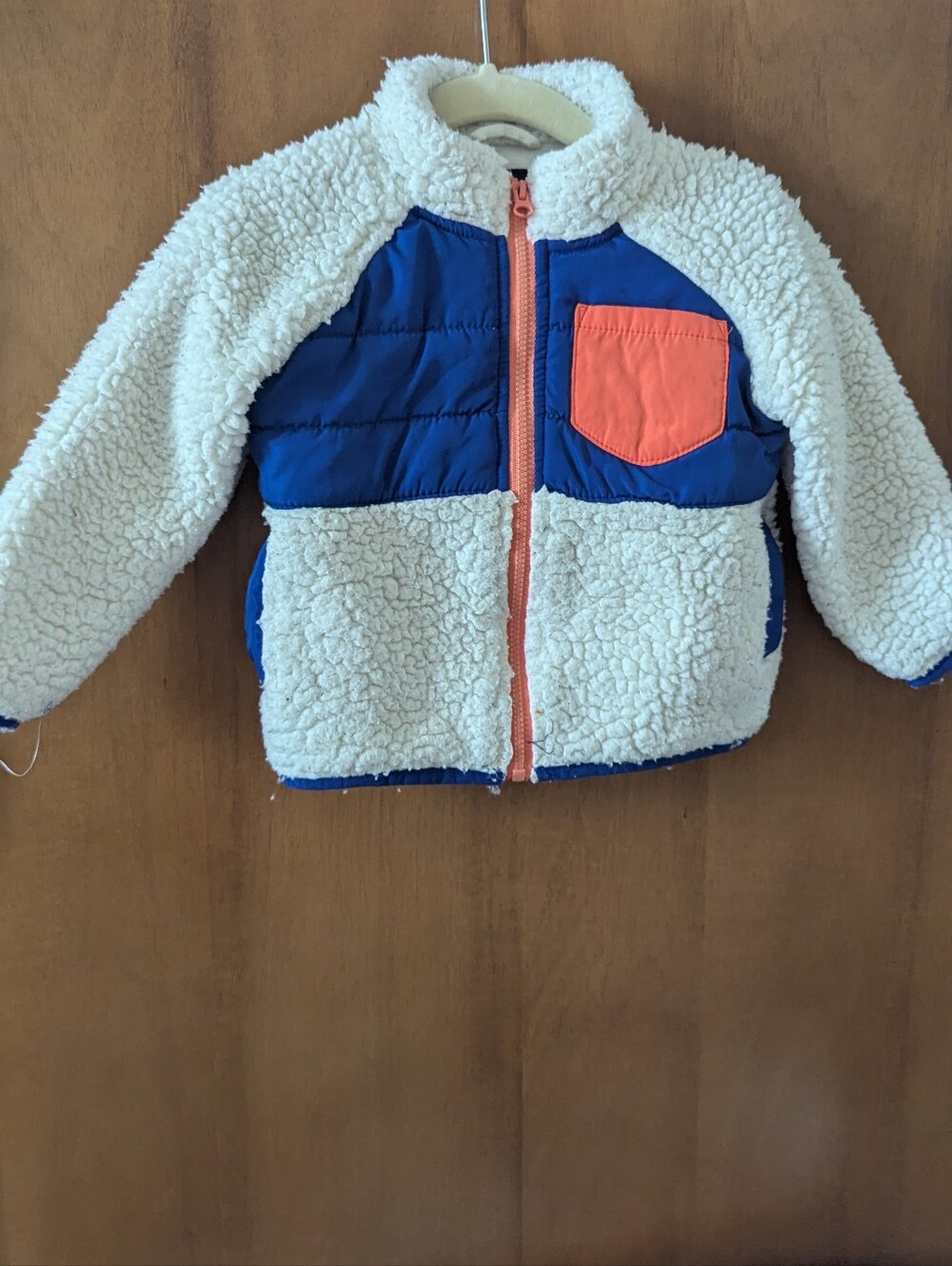 Janie and Jack Cream Sherpa Jacket with Blue Panels and Orange Pocket